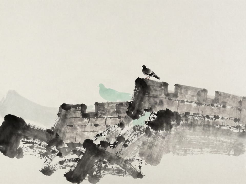 Ink wash painting: A dove landing on a battlement, an unwritten treaty in its shadow.